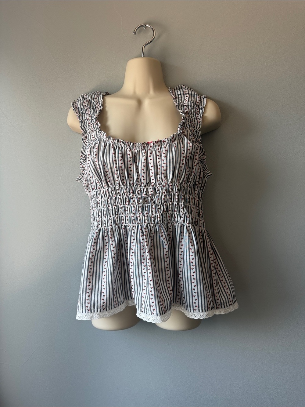 Mustard Seed White Striped Smocked Peplum Tank with Red Accents